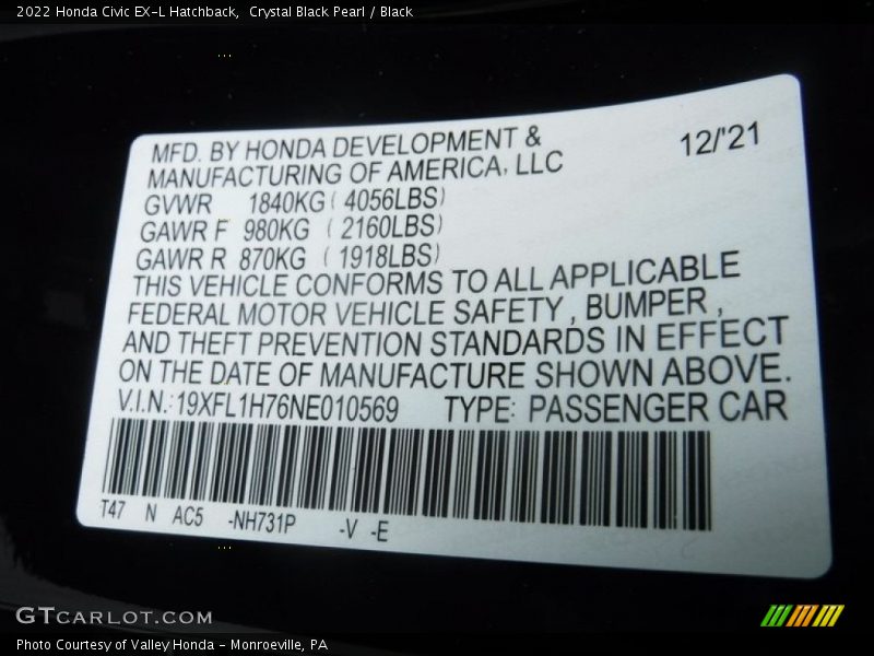 2022 Civic EX-L Hatchback Crystal Black Pearl Color Code NH731P