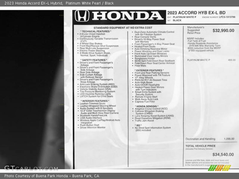  2023 Accord EX-L Hybrid Window Sticker