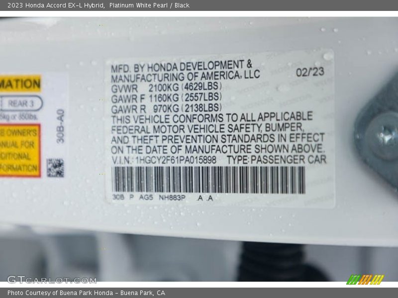 2023 Accord EX-L Hybrid Platinum White Pearl Color Code NH883P