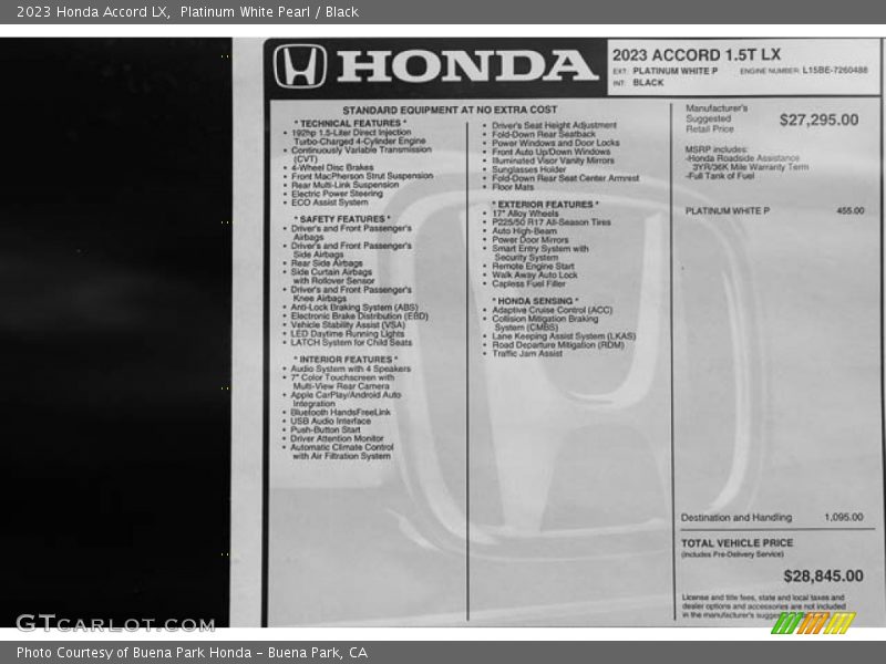 Platinum White Pearl / Black 2023 Honda Accord LX