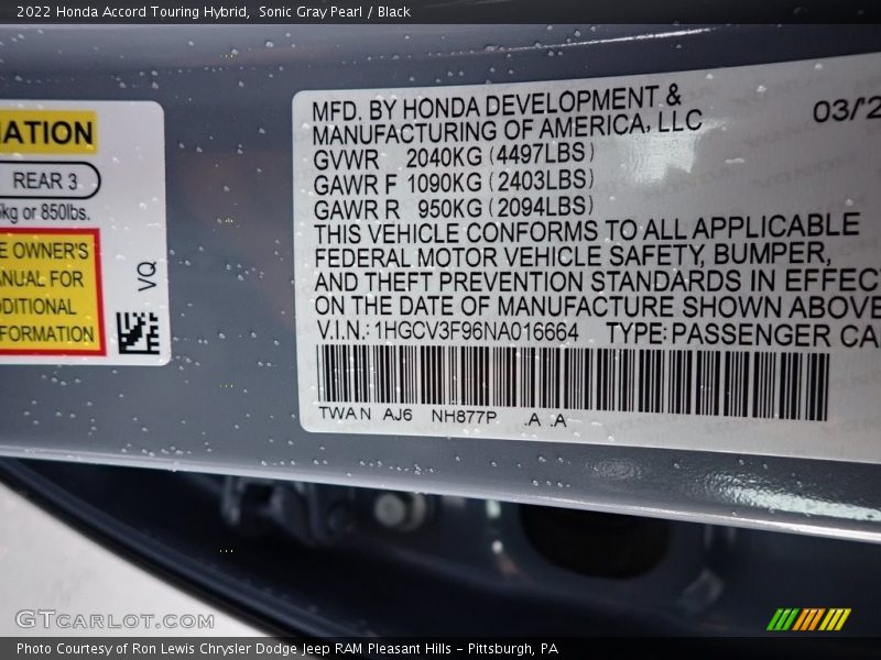 2022 Accord Touring Hybrid Sonic Gray Pearl Color Code NH877P