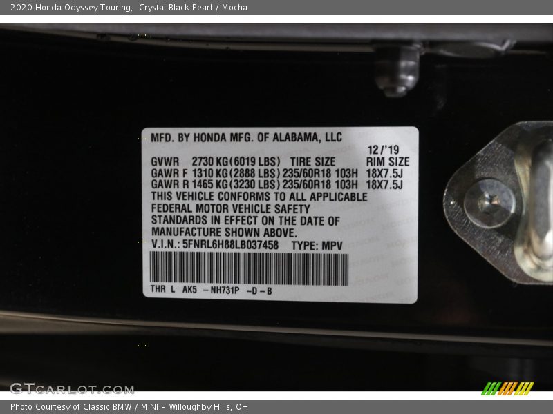 Crystal Black Pearl / Mocha 2020 Honda Odyssey Touring
