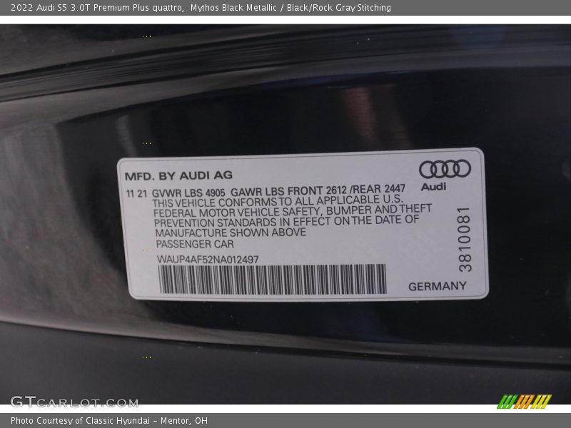 Mythos Black Metallic / Black/Rock Gray Stitching 2022 Audi S5 3.0T Premium Plus quattro