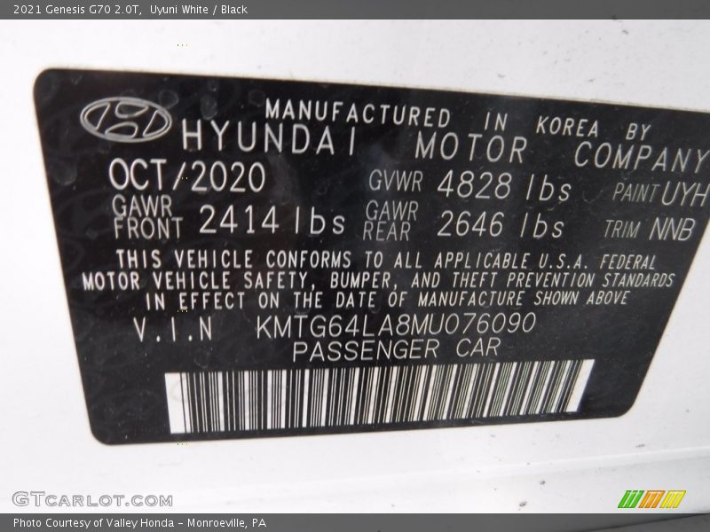 2021 G70 2.0T Uyuni White Color Code UYH