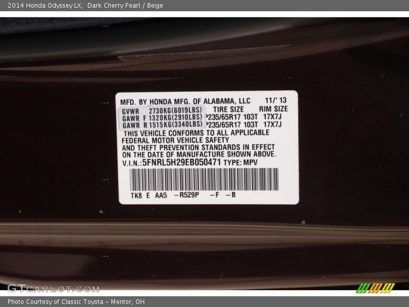 Dark Cherry Pearl / Beige 2014 Honda Odyssey LX