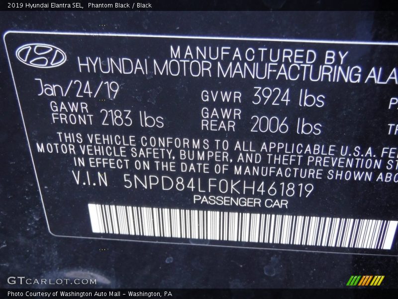 Phantom Black / Black 2019 Hyundai Elantra SEL