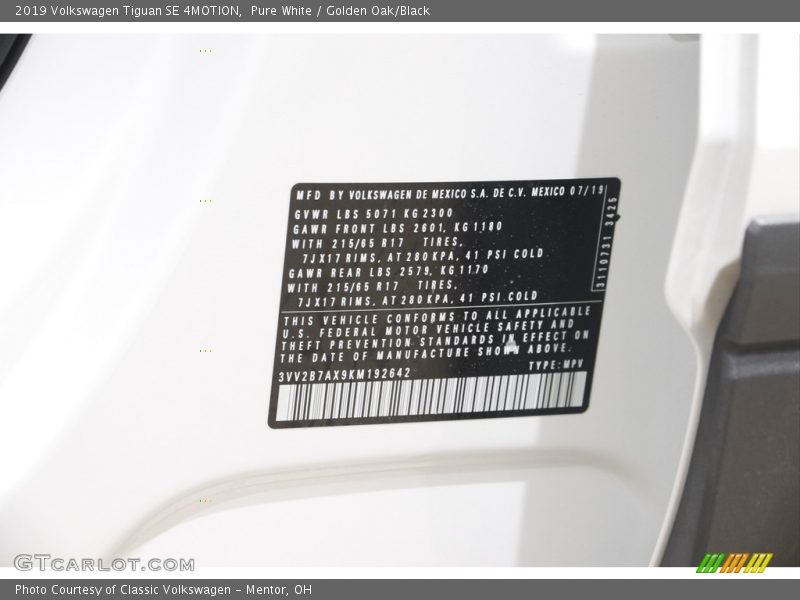 Pure White / Golden Oak/Black 2019 Volkswagen Tiguan SE 4MOTION