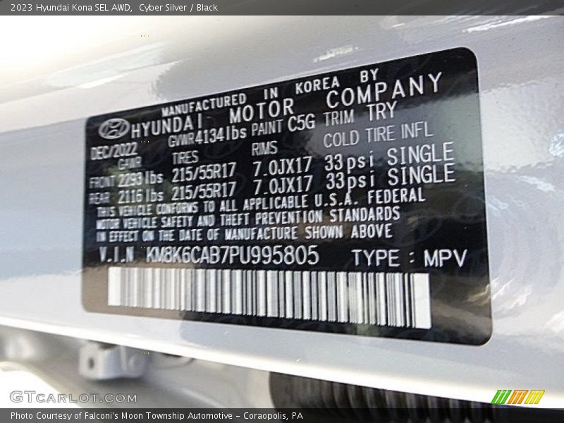 2023 Kona SEL AWD Cyber Silver Color Code C5G