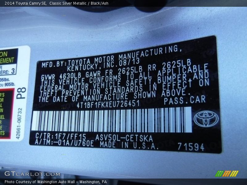 Classic Silver Metallic / Black/Ash 2014 Toyota Camry SE