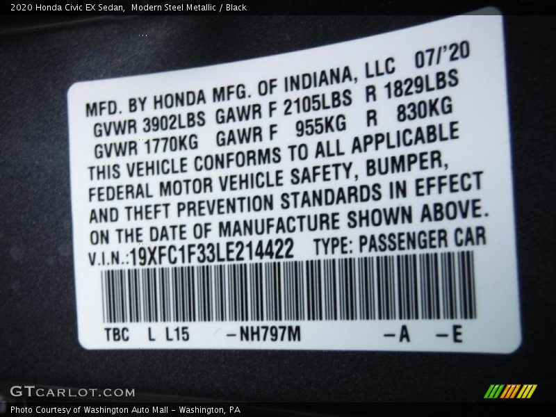 Modern Steel Metallic / Black 2020 Honda Civic EX Sedan