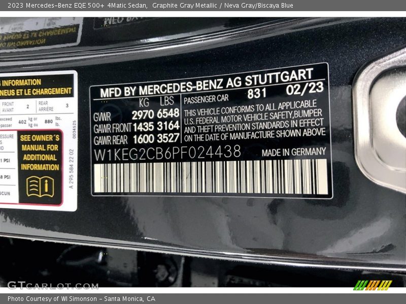 2023 EQE 500+ 4Matic Sedan Graphite Gray Metallic Color Code 831