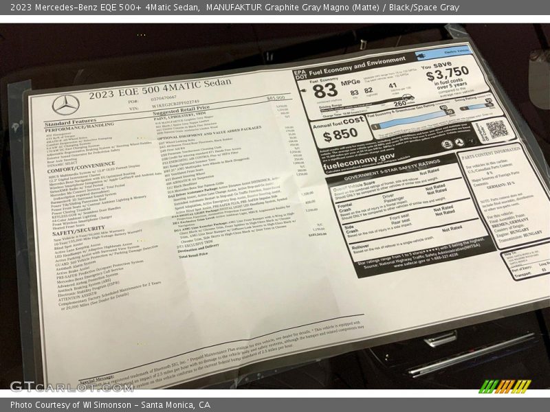MANUFAKTUR Graphite Gray Magno (Matte) / Black/Space Gray 2023 Mercedes-Benz EQE 500+ 4Matic Sedan