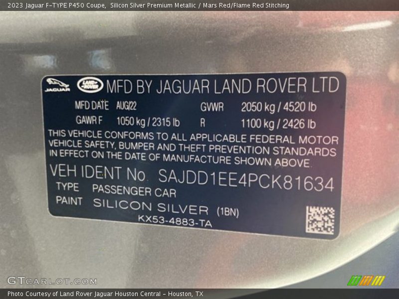 2023 F-TYPE P450 Coupe Silicon Silver Premium Metallic Color Code 1BN