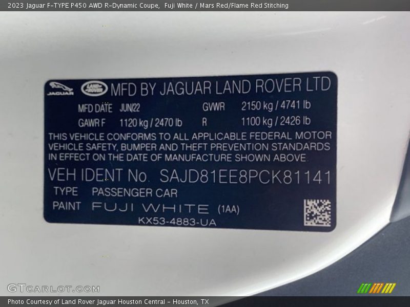 2023 F-TYPE P450 AWD R-Dynamic Coupe Fuji White Color Code 1AA
