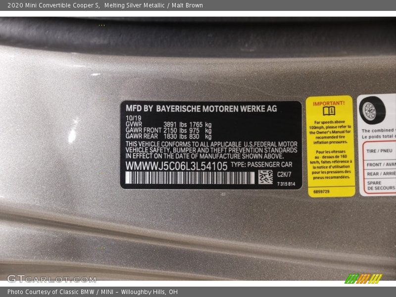 2020 Convertible Cooper S Melting Silver Metallic Color Code C2K