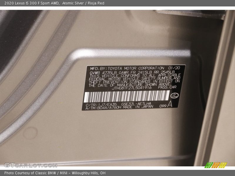 Atomic Silver / Rioja Red 2020 Lexus IS 300 F Sport AWD