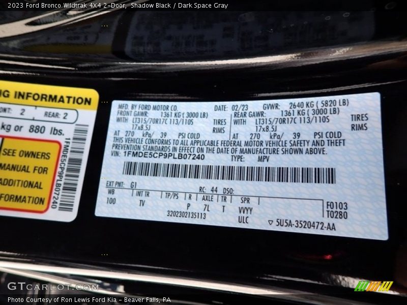 2023 Bronco Wildtrak 4X4 2-Door Shadow Black Color Code G1