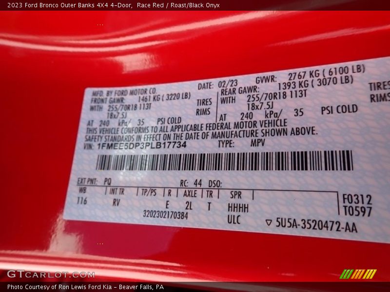 2023 Bronco Outer Banks 4X4 4-Door Race Red Color Code PQ