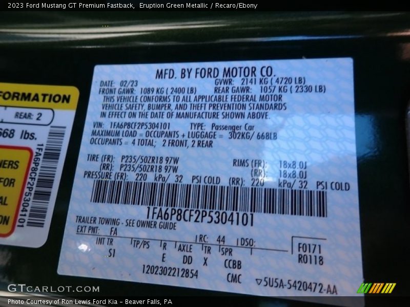 2023 Mustang GT Premium Fastback Eruption Green Metallic Color Code FA