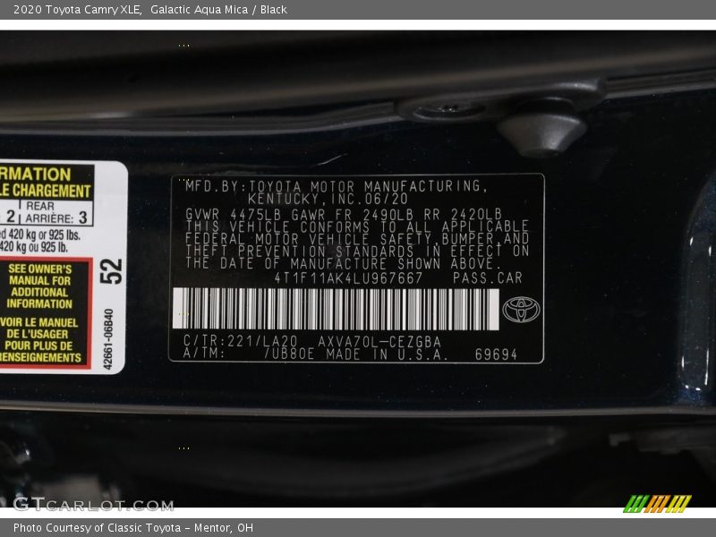 Galactic Aqua Mica / Black 2020 Toyota Camry XLE