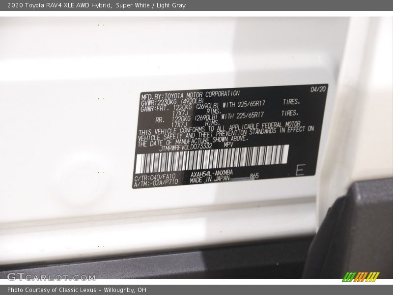 Super White / Light Gray 2020 Toyota RAV4 XLE AWD Hybrid