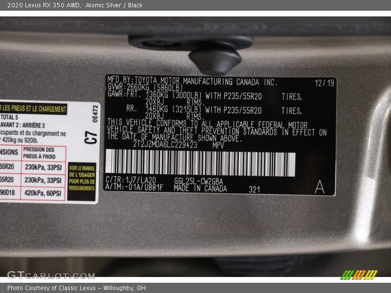 Atomic Silver / Black 2020 Lexus RX 350 AWD
