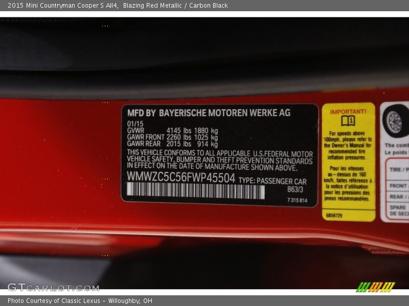 Blazing Red Metallic / Carbon Black 2015 Mini Countryman Cooper S All4