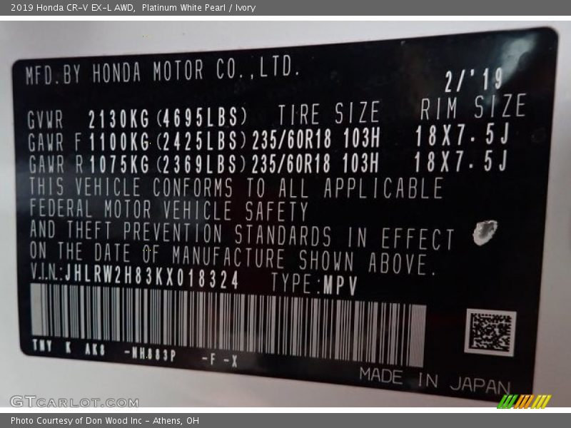 Platinum White Pearl / Ivory 2019 Honda CR-V EX-L AWD