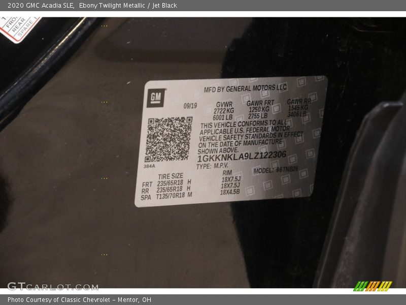 Ebony Twilight Metallic / Jet Black 2020 GMC Acadia SLE