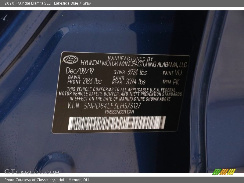 Lakeside Blue / Gray 2020 Hyundai Elantra SEL