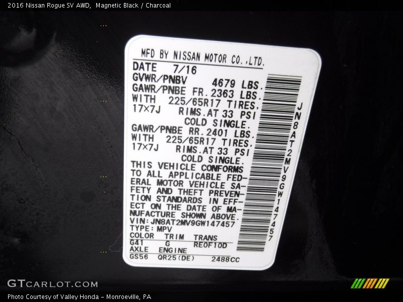 2016 Rogue SV AWD Magnetic Black Color Code G41