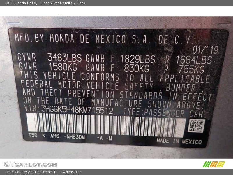 Lunar Silver Metallic / Black 2019 Honda Fit LX