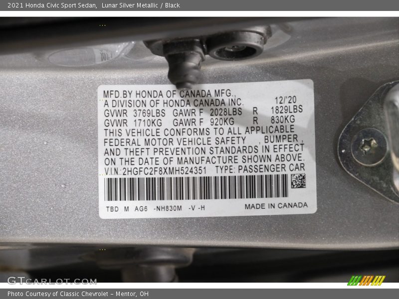 2021 Civic Sport Sedan Lunar Silver Metallic Color Code NH830M