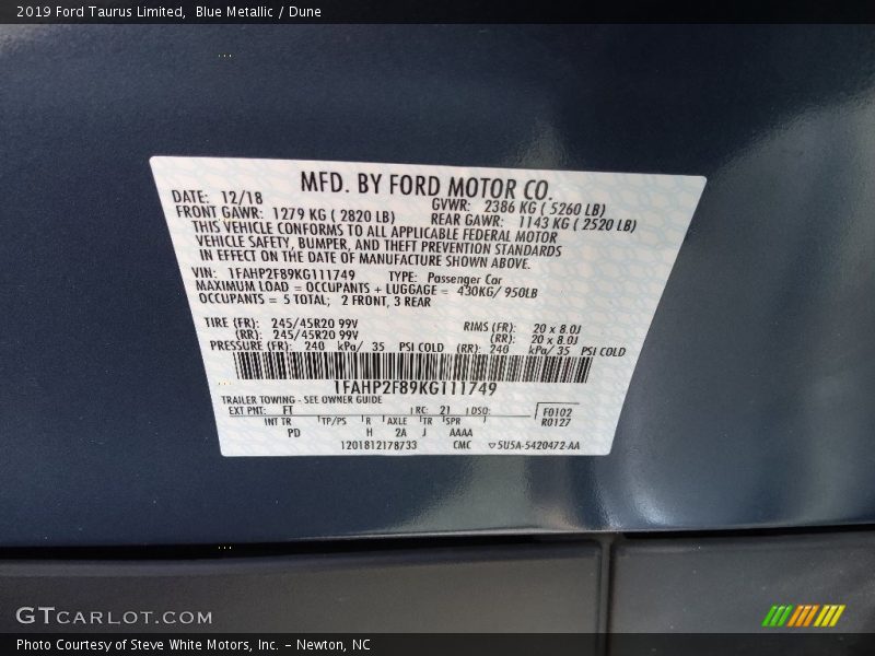 2019 Taurus Limited Blue Metallic Color Code FT