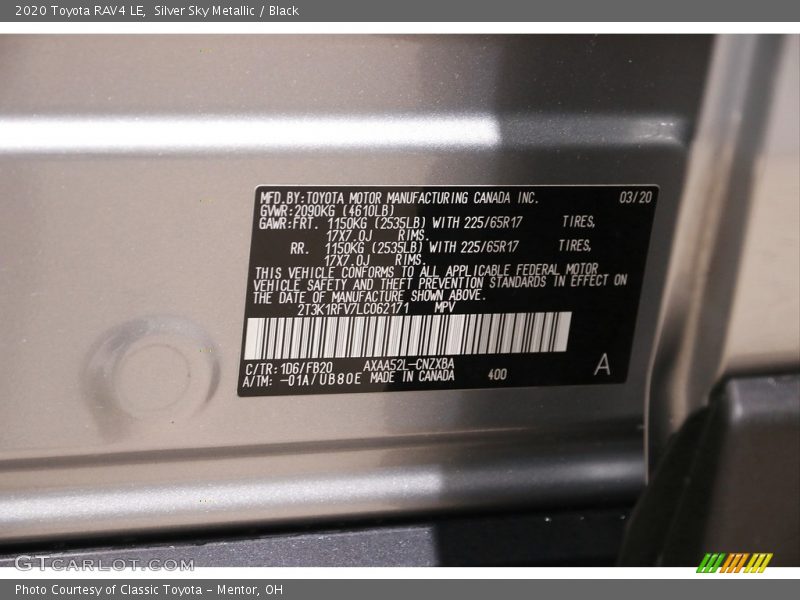 Silver Sky Metallic / Black 2020 Toyota RAV4 LE