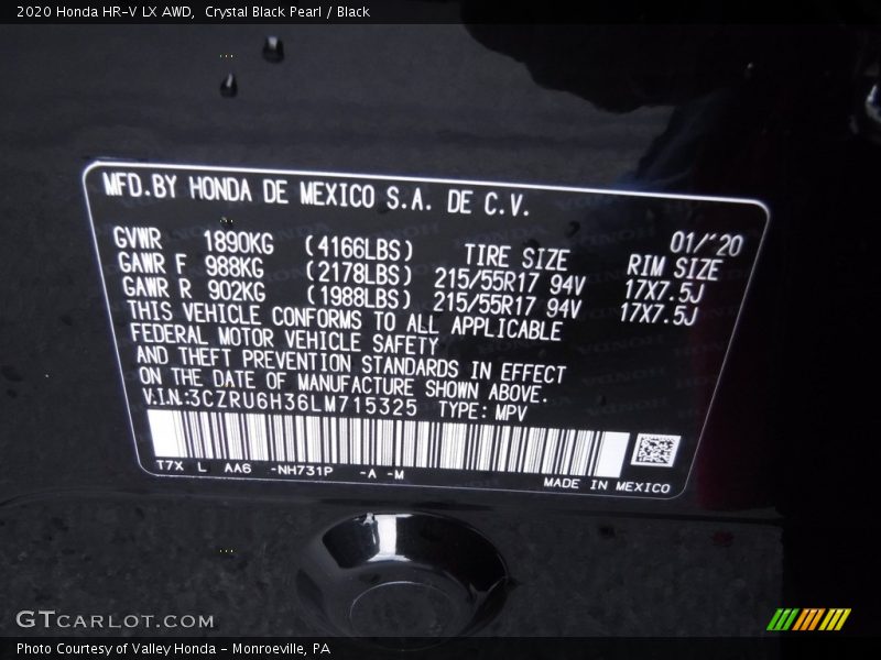 Crystal Black Pearl / Black 2020 Honda HR-V LX AWD