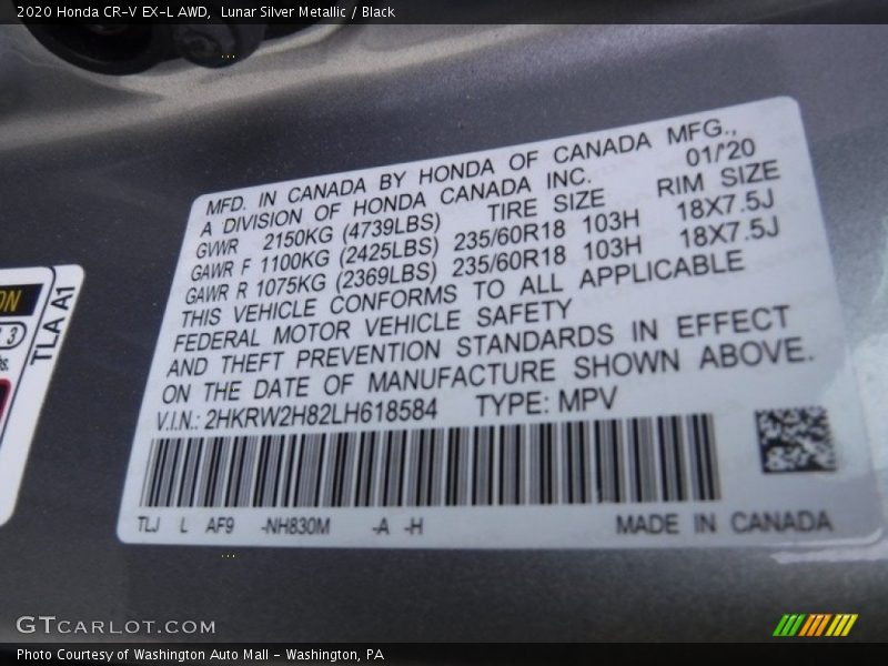 Lunar Silver Metallic / Black 2020 Honda CR-V EX-L AWD