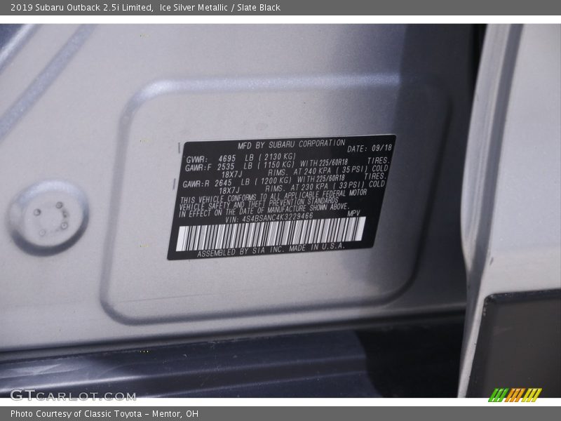 Ice Silver Metallic / Slate Black 2019 Subaru Outback 2.5i Limited