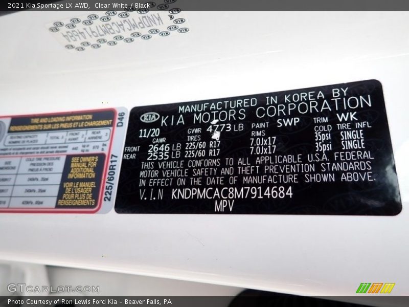 Clear White / Black 2021 Kia Sportage LX AWD