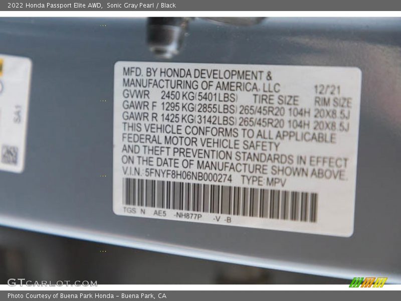 2022 Passport Elite AWD Sonic Gray Pearl Color Code NH877P