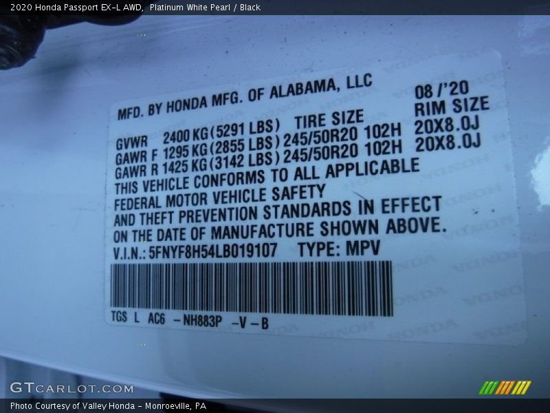 Platinum White Pearl / Black 2020 Honda Passport EX-L AWD