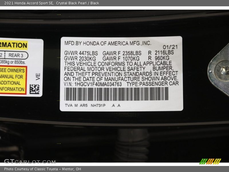 2021 Accord Sport SE Crystal Black Pearl Color Code NH731P