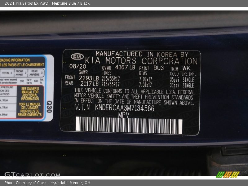 2021 Seltos EX AWD Neptune Blue Color Code BU3