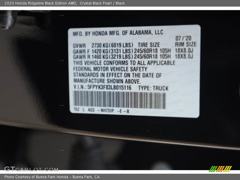 Crystal Black Pearl / Black 2020 Honda Ridgeline Black Edition AWD
