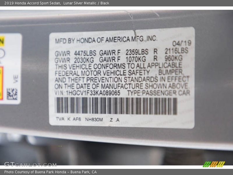 Lunar Silver Metallic / Black 2019 Honda Accord Sport Sedan