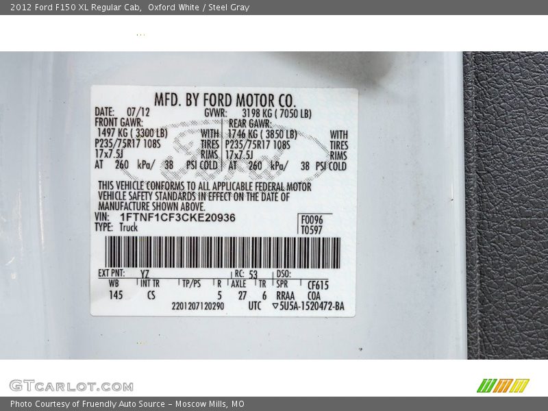 Oxford White / Steel Gray 2012 Ford F150 XL Regular Cab