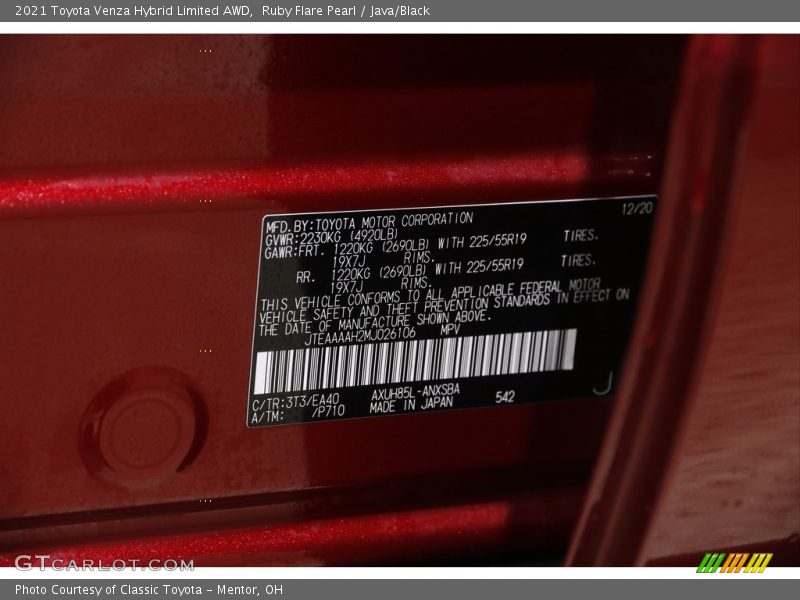 2021 Venza Hybrid Limited AWD Ruby Flare Pearl Color Code 3T3