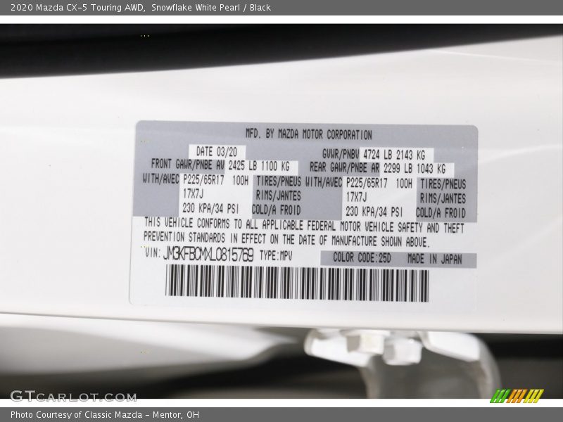 Snowflake White Pearl / Black 2020 Mazda CX-5 Touring AWD