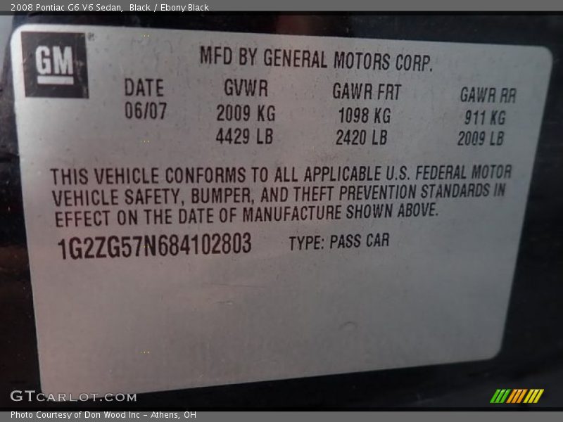 Black / Ebony Black 2008 Pontiac G6 V6 Sedan