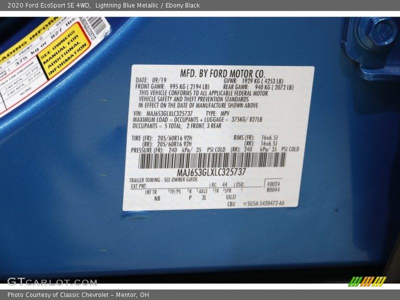 Lightning Blue Metallic / Ebony Black 2020 Ford EcoSport SE 4WD